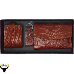 تصویر ست سه عدد جا رژی و کیف پول و جاکلیدی چرم طبیعی کد 180 - قهوه ای روشن Card Holder set and key holder