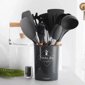 تصویر فروش عمده سرویس کفگیر و ملاقه سیلیکونی 12 پارچه دسته چوبی Kitchenware Set بسته 10 عددی
