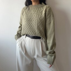 تصویر بافت کراپ پینترستی شماره دو مدل زنجیره‌ای | بافت کاردیگن ترند زنانه | فری‌سایز ۳۶ تا ۴۴ کاردیگان - سبز ماچا 