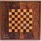تصویر تخته نرد و شطرنج ارومیه چوب راشو گردو منبت و معرق دست طرح گلو بوته Urmia backgammon and chess board, walnut wood, hand-carved and mosaic, throat design