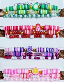 تصویر ست سه تایی دستبند مهره ای فیمو با تم میوه ای و گلدار 