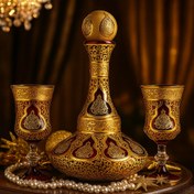 تصویر ست تنگ و گیلاس کریستال طلاکوب طرح کاستل رنگ قرمز مجموعه 8 پارچه 