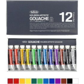 تصویر گواش ۱۲ رنگ‌هولبین گواش 12 رنگ هولبین برند: Holbein – ساخت ژاپن مدل: Artists’ Gouache Paint Set تعداد رنگ‌ها: 12 عدد حجم هر تیوپ: 5 میلی‌لیتر پایه: آبرنگی (Water-Based) سطح نهایی: مات و یکنواخت ویژگی رنگ‌ها: پوشانندگی بالا، پیگمنت غنی