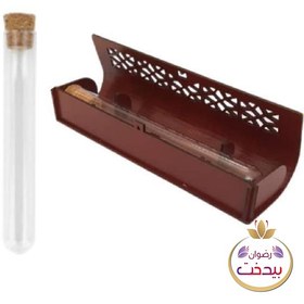 تصویر جعبه زعفران چوبی با شیشه پیرکس لوله ای رنگ ماهگونی 