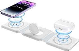 تصویر شارژر بی‌سیم 3 در 1، ایستگاه شارژ بی‌سیم تاشو مغناطیسی برای iPhone 13/12/11 Pro Max/X/Xs Max/8/8 Plus، AirPods 3/2/pro، iWatch Series 7/6/5/SE/4/ 3/2 و گوشی های سامسونگ (سفید)، USB - ارسال 20 روز کاری ا Wireless Charger 3 in 1, Magnetic Foldable Wireless Charging Station for iPhone 13/12/11 Pro Max/X/Xs Max/8/8 Plus, AirPods 3/2/pro, iWatch Series 7/6/5/SE/4/3/2, and Samsung Phones(White), USB Wireless Charger 3 in 1, Magnetic Foldable Wireless Charging Station for iPhone 13/12/11 Pro Max/X/Xs Max/8/8 Plus, AirPods 3/2/pro, iWatch Series 7/6/5/SE/4/3/2, and Samsung Phones(White), USB