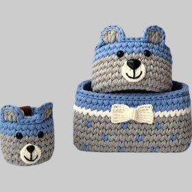 تصویر سبد قلاب بافی تریکو طرح سیسمونی کودک کد 11 مجموعه 3 عددی 