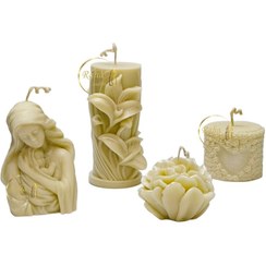 تصویر مجموعه شمع ۴عددی مدل مالیوم شاین دار، آغوش مادر، استوانه لیلیوم، استوانه گل قلبی، گل میخک، رنگ استخوانی، کد ۲۸۸ 