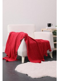 تصویر پتو تلویزیونی بافتنی بیوکاتن - قرمز با پوم‌پوم برند favora Biocotton Knitwear Pompom TV Blanket - Red