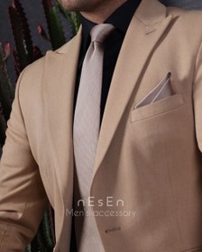 تصویر ست کراوات و دستمال جیب مردانه NESEN | کرم بژ ساده (جودون) S48 