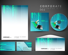 تصویر وکتور ست اداری آبی تکنولوژی؛ سربرگ، کارت ویزیت، پاکت نامه و CD 