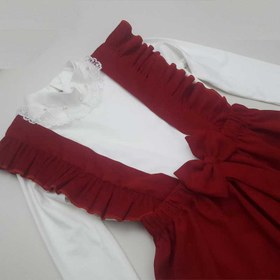 تصویر سارافون دخترانه مخلمل کبریتی قرمز با بلوز سفید 