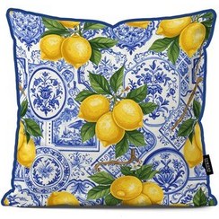 تصویر کوسن پردیس طرح کاشی قلم آبی و شاخه لیمو 