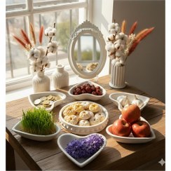 تصویر هفت سین قلبی سفید صدفی دست ساز سنگ مصنوعی نوروز 1405 | کرج لند 