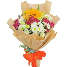 تصویر دسته گل آفتابگردان و داودی سفید و صورتی 