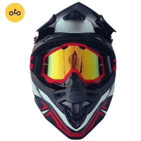 تصویر کلاه کاسکت کراسی Tekno تکنو مشکی سفید قرمز براق 