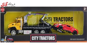 تصویر ماکت تریلی فلزی یدک کش زرد با ماشین قرمز CITY TRACTORS 2212 