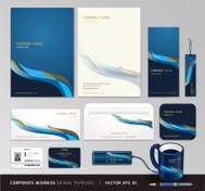 تصویر وکتور پک کامل اداری سربرگ، کارت ویزیت، تگ، ماگ، پاکت نامه و CD؛ تم آبی سورمه ای 