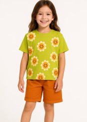 تصویر ست تی‌شرت آستین کوتاه و شلوارک دخترانه مدل گل بابونه 
