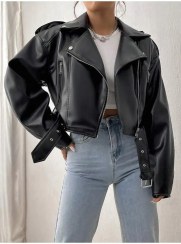 تصویر کت چرمی زنانه کراپ کمربند دار مدل 707 