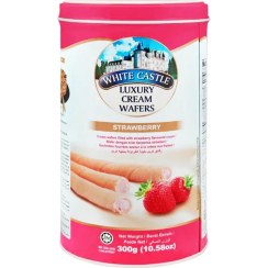 تصویر بيسکويت رولی توت فرنگی وايت کستل فلزی 300 گرم white castle مدل STRAWBERRY White Castle Luxury Cream Wafers Roll Strawberry 300gr‏