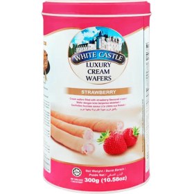 تصویر بيسکويت رولی توت فرنگی وايت کستل فلزی 300 گرم white castle مدل STRAWBERRY White Castle Luxury Cream Wafers Roll Strawberry 300gr‏