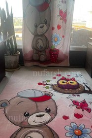 تصویر فرشینه اتاق کودک طرح خرس عروسکی و جغد بامزه زمینه صورتی و آبی کد ۶۰۹۳ Nursery Rug 6093 teddy bear and cute owl 6093