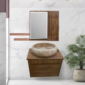 تصویر روشویی کابینتی طرح چوب دیواری با سنگ طبیعی روکار همراه آینه باکس (پس کرایه) 