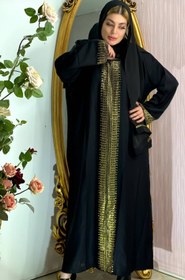 تصویر مانتو جلو بسته وارداتی اماراتی، کار شده با سنگ اتریشی طلایی ، بدون ریزش، جنس پارچه ندا، همراه شال سایز ۳۸ تا ۴۸ ا Abaya Abaya