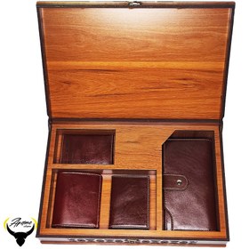 تصویر ست دو عدد جاکارتی و کیف پول کتی و کیف پول جیبی چرم طبیعی کد 175 - قهوه ای روشن Card Holder set and key holder