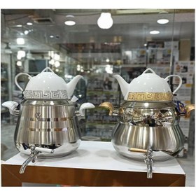 تصویر ست کتری 6 لیتری استیل و قوری چینی در دو طرح Set of 6 liter steel kettle and Chinese teapot in two designs