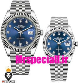 تصویر ست ساعت زنانه و مردانه رولکس دیت جاست درجه یک نقره ای رنگ صفحه آبی ROLEX DATEJUST OYSTER PERPETUAL