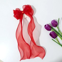 تصویر گیره فرانسوی پاپیون حریر مرواریددوزی – مدل دنباله کرلی و ایستایی جذاب - صورتی French Chiffon Bow Hair Clip with Pearl Edges