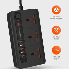 تصویر محافظ ولتاژ پورودو مدل power socket and usb hub Porodo 4 USB Port 3.4A + 1 QC 3.0 with 3 Universal Power Sockets 10A