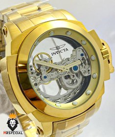 تصویر ساعت اینویکتا مردانه اتوماتیک طلایی صفحه شیشه ای اسکلتون 01657 INVICTA Automatic 