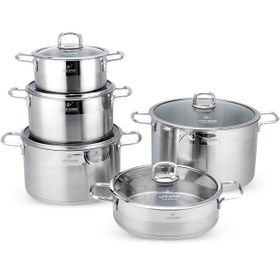 تصویر سرویس قابمه 10 پارچه استیل لایف اسمایل مدل LIFEP12 10 Pcs Stainless Steel Cookware Set with Steam Vent Lid