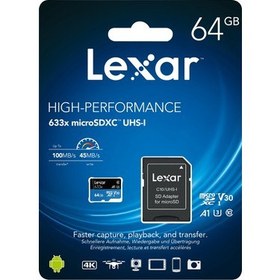 تصویر کارت حافظه MicroSDXC لکسار مدل High Performance 633x ظرفیت 64 گیگابایت Lexar High Performance 633x 64GB A1, UHS-I U3, V30 100MB/s