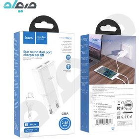 تصویر شارژر دیواری دو پورت USB-A هوکو مدل C88A به همراه کابل MicroUSB 