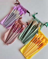 تصویر ست براش 13 تیکه ارایشی _ همراه با جعبه و کیسه مخملی فیکس پلاس - زرد لیمویی 13 _ piece makeup brush set with fix plus spray