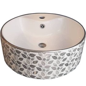 تصویر روشویی روکابینتی لنو سفید نقره ای طرح برگ نوین سرام Leno White Silver Top Counter Basin