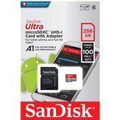 تصویر کارت حافظه microSDXC سن دیسک مدل Ultra کلاس 10 استاندارد UHS-I U1 سرعت 100MBps ظرفیت 256 گیگابایت SANDISK 256GB 100MBPS memory card