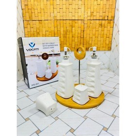 تصویر سرویس جای آبلیمو و روغن و نمک پاش 4 عددی پایه بامبو VOGATI OIL AND VINEGAR SET CERAMIC 