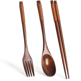تصویر ست قاشق، چنگال و چاپستیک چوبی 3Pcs Japanese Style Tableware 
