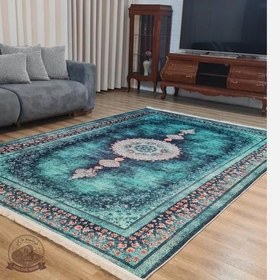 تصویر فرش ماشینی فیروزه ای ۶ متری طرح شفق U139 