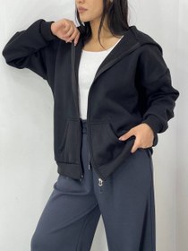 تصویر سویشرت کلاهدار دورس سه‌ نخ جلوزیپ فری‌سایز گرم - سفید 