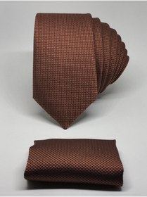 تصویر کراوات اسلیم فیت طرح با دستمال رنگ مسی برند Kravat Gezegeni کد 1616520481 