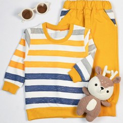 تصویر ست تی شرت آستین بلند و شلوار بچگانه مدل راه راه خردلی برند سپیدپوش 