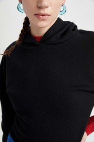 تصویر خرید اینترنتی هودی زنانه سیاه دفکتو Z9509AZ22AU Kapüşonlu Basic Crop Sweatshirt