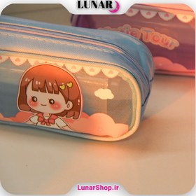 تصویر جامدادی فانتزی تک زیپ شفاف طرح دختر Transparent Single-Zipper Pencil Case with Girl Design