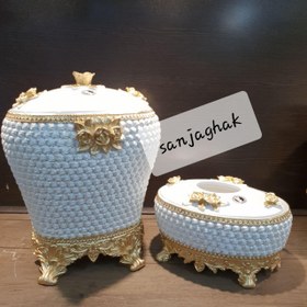 تصویر سطل و جا دستمال رزین مدل شکوفه پایه دار(سفید طلا) 