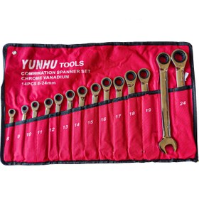 تصویر ست اچار 14 عددی یکسر رینگ و یکسر تخت جغجغه ای YUNHU TOOLS سایز 8 تا 24 